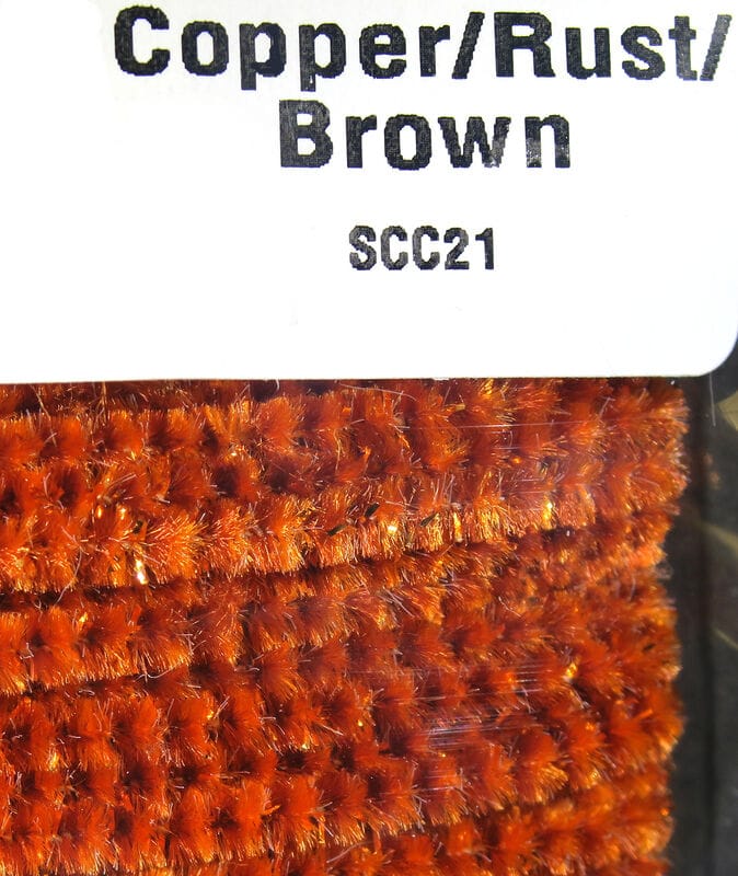 Hareline speckled chenille in copper/rust brown, dense fuzzy yarn with metallic tinsel flecks for fly tying