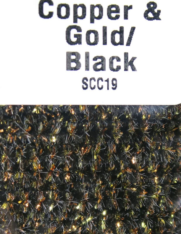 Black speckled chenille with copper and gold metallic fibers, plush fly tying material