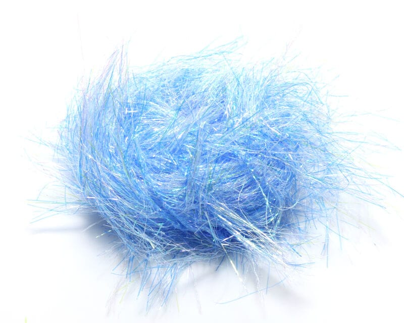 Loose ball of light blue Hareline Spectrum Glimmer chenille fibers with iridescent sparkle for fly tying