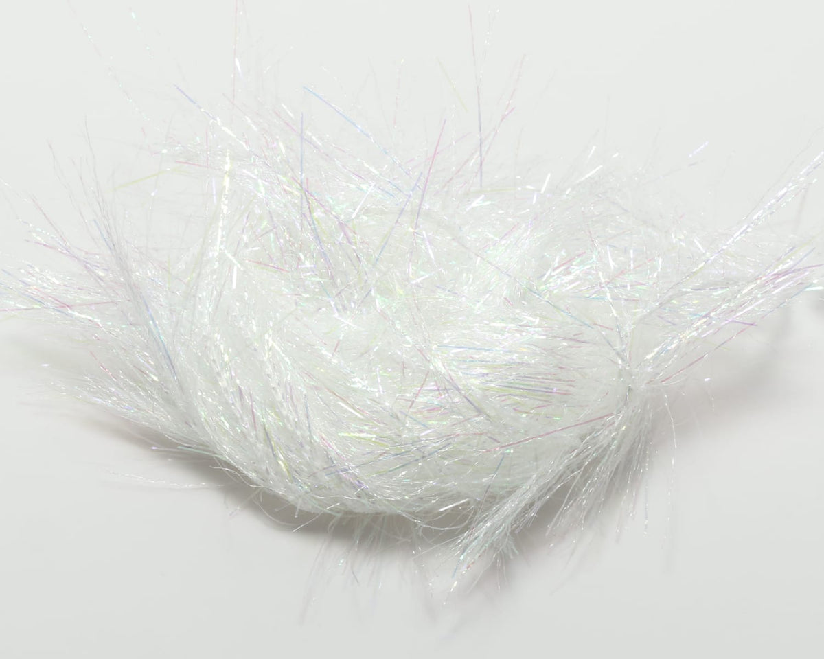 Iridescent white Hareline Spectrum Glimmer chenille bundle with fluffy, tinsel-like synthetic fibers for fly tying