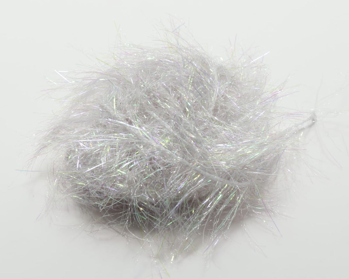 Ball of silvery white iridescent glimmer chenille with fine tinsel-like fibers, fluffy texture for fly tying