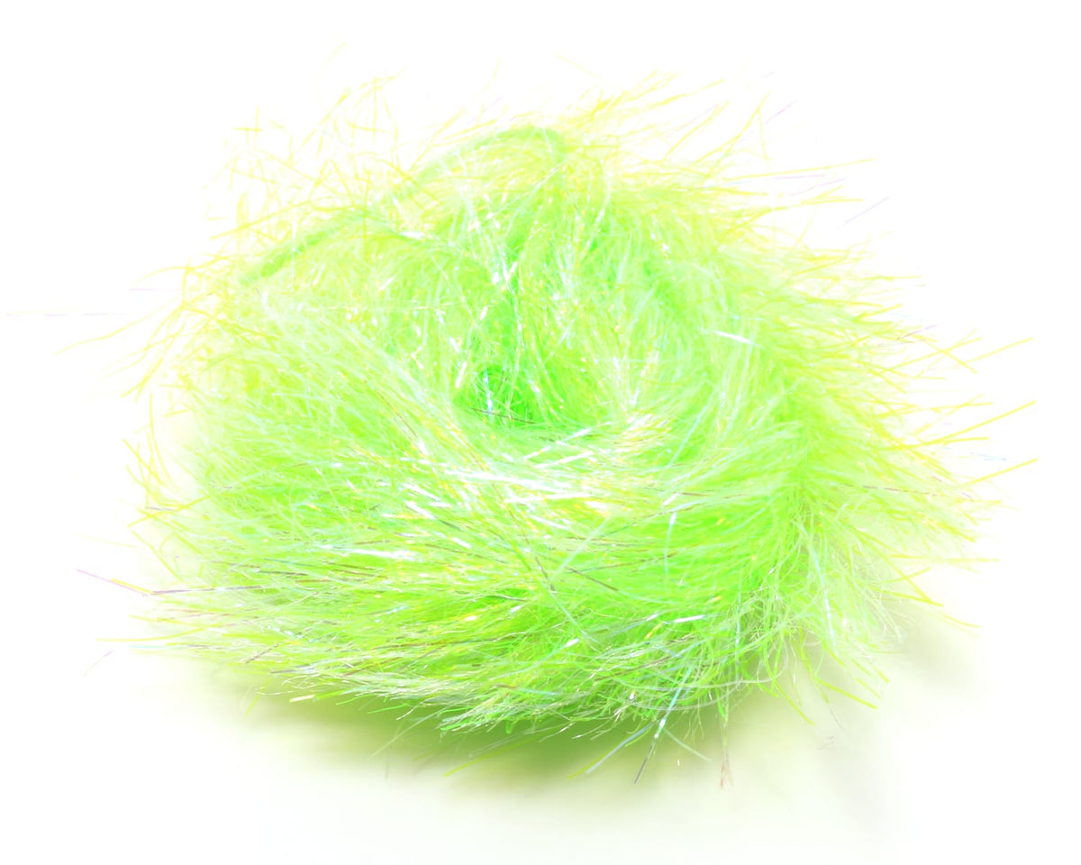 Chartreuse glimmer chenille bundle with iridescent tinsel fibers, fluffy textured fly tying material