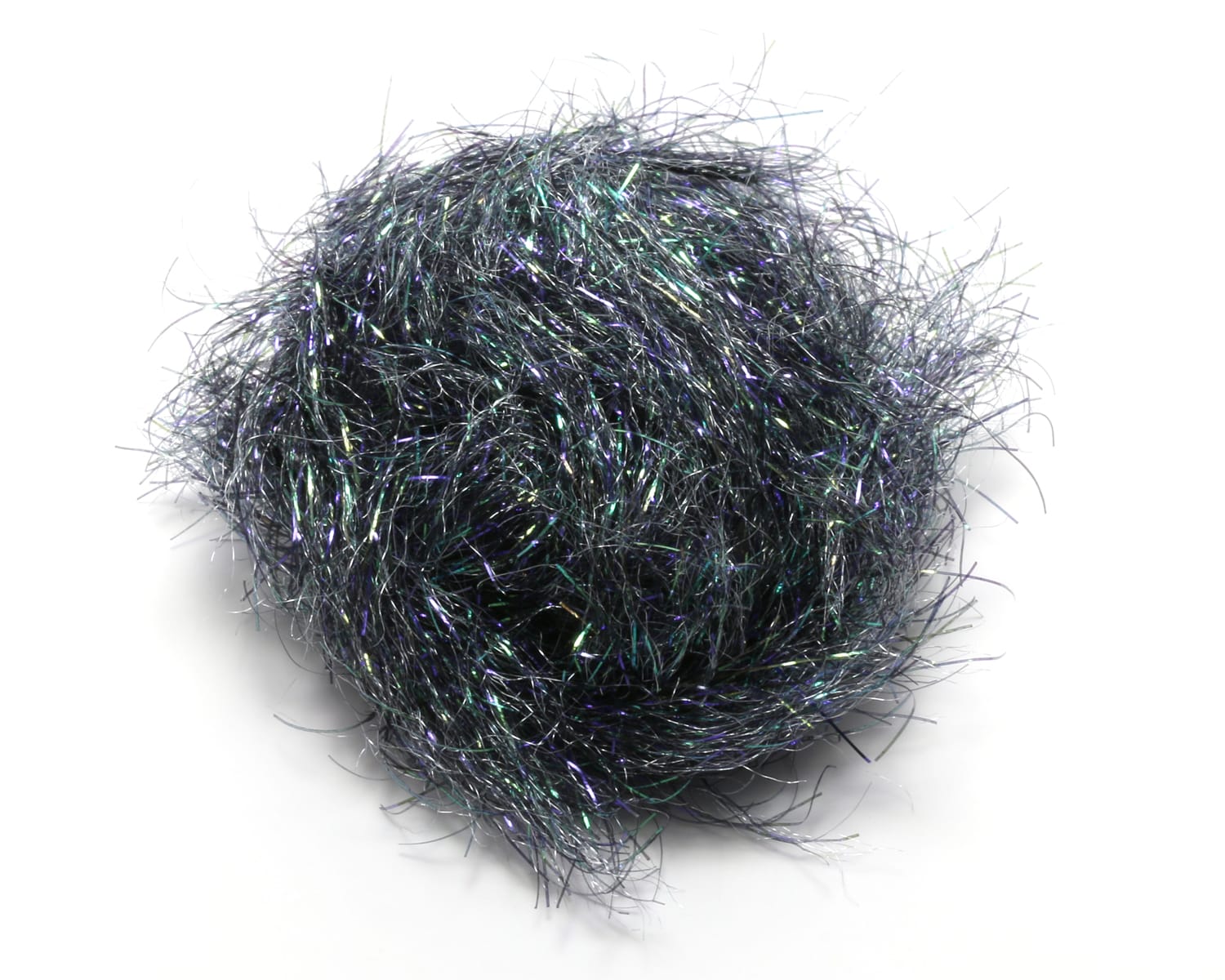 Dark iridescent Hareline Spectrum Glimmer chenille bundle with metallic green and purple tinsel fibers for fly tying