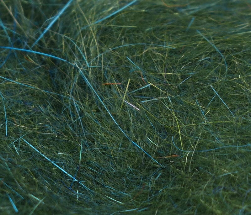 Olive green squirrel hair dubbing with teal blue flash fibers, fine wispy fur for fly tying