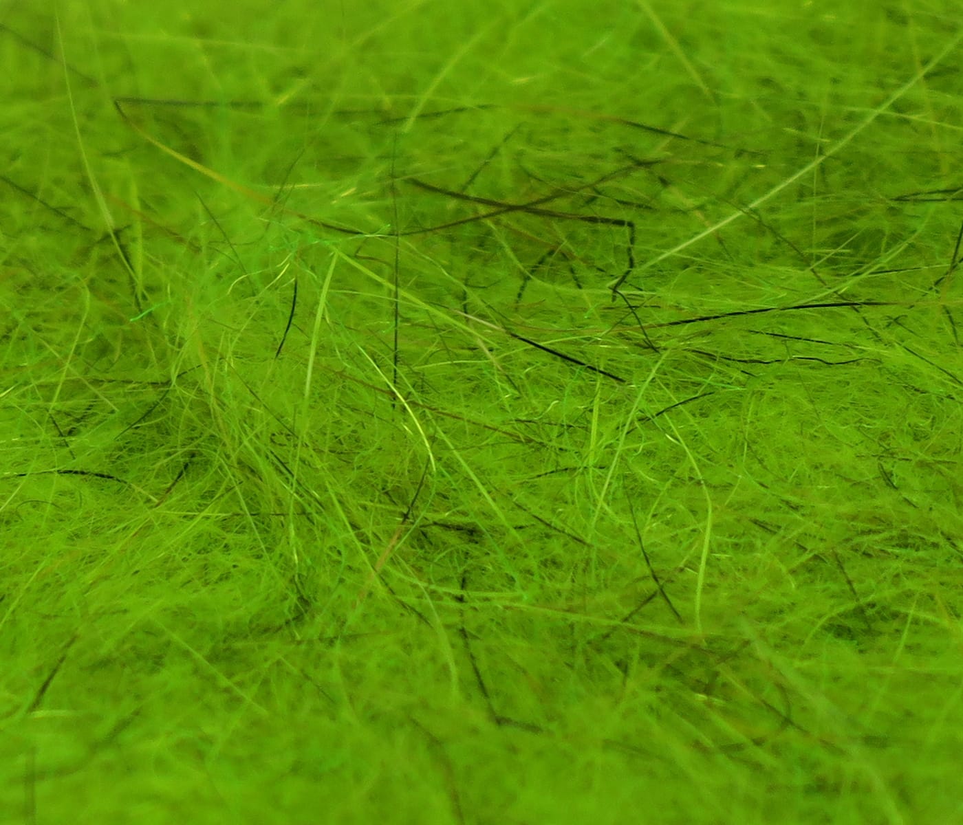 Chartreuse squirrel hair dubbing with fine fluffy fibers and scattered dark guard hairs for fly tying