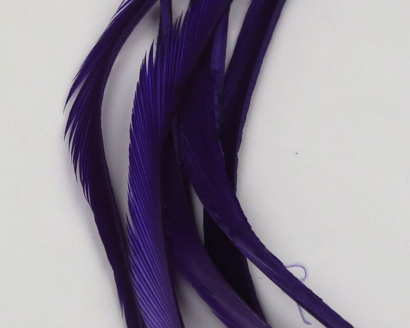 Hareline stripped goose biots, deep purple narrow curved feathers for fly tying with glossy barbs and tapered stems