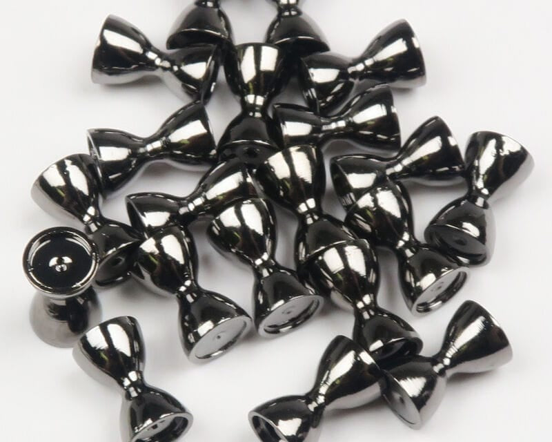 Shiny gunmetal sunken barbell brass eyes for fly tying, reflective double-cup bead style
