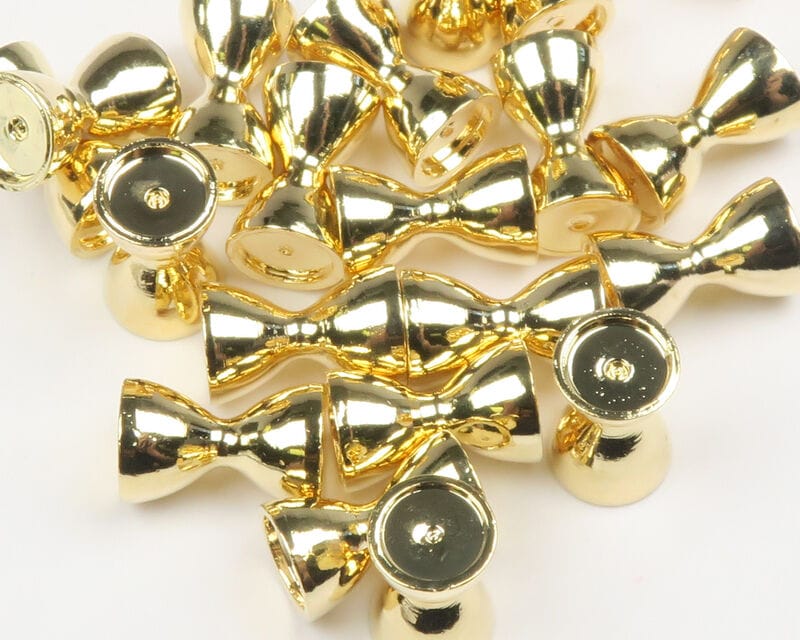 Shiny gold brass sunken barbell eyes for fly tying, double-cone shape with recessed eyelets, small reflective finish