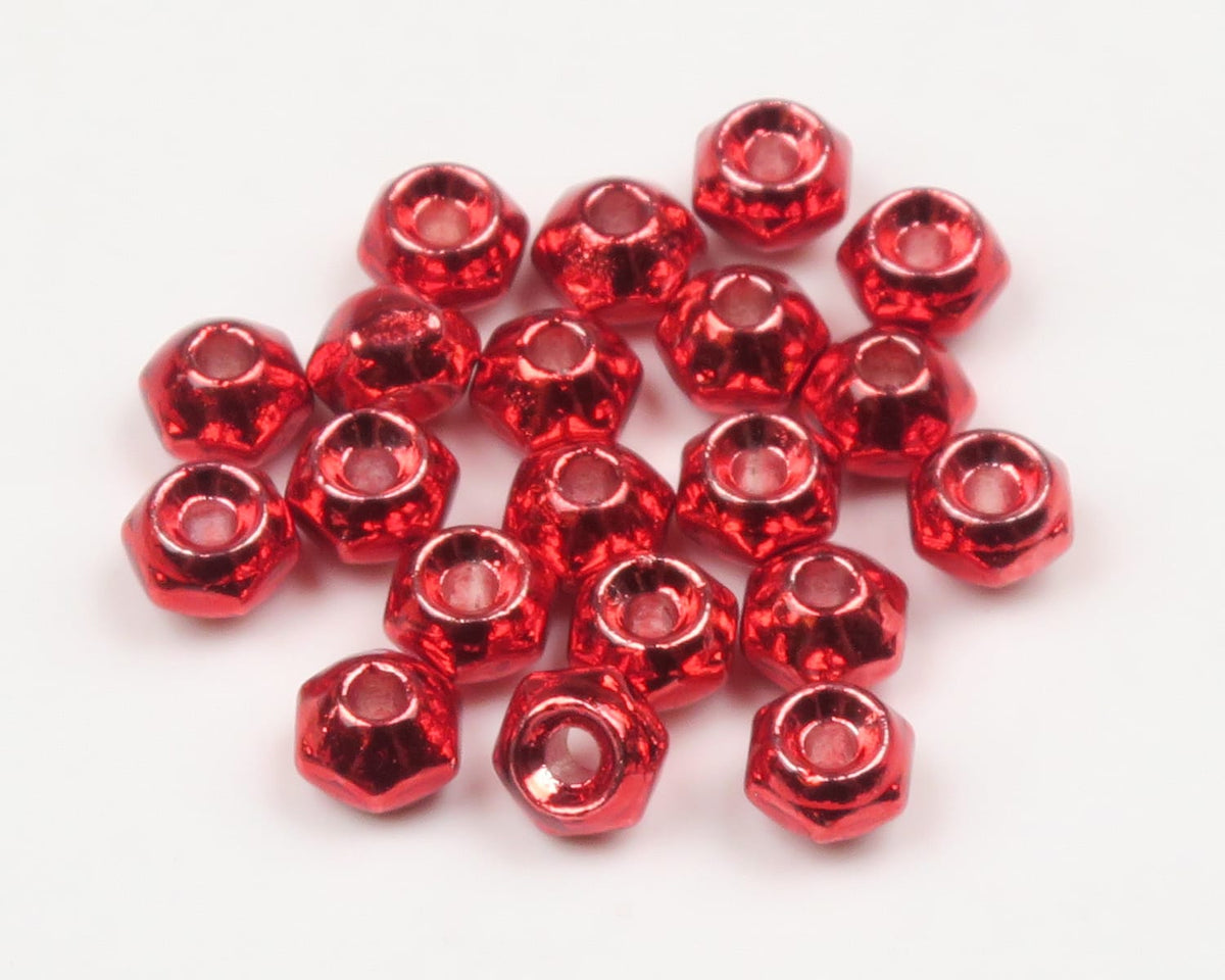 Red metallic tungsten fly nuts for fly tying, small faceted hexagonal beads with center hole