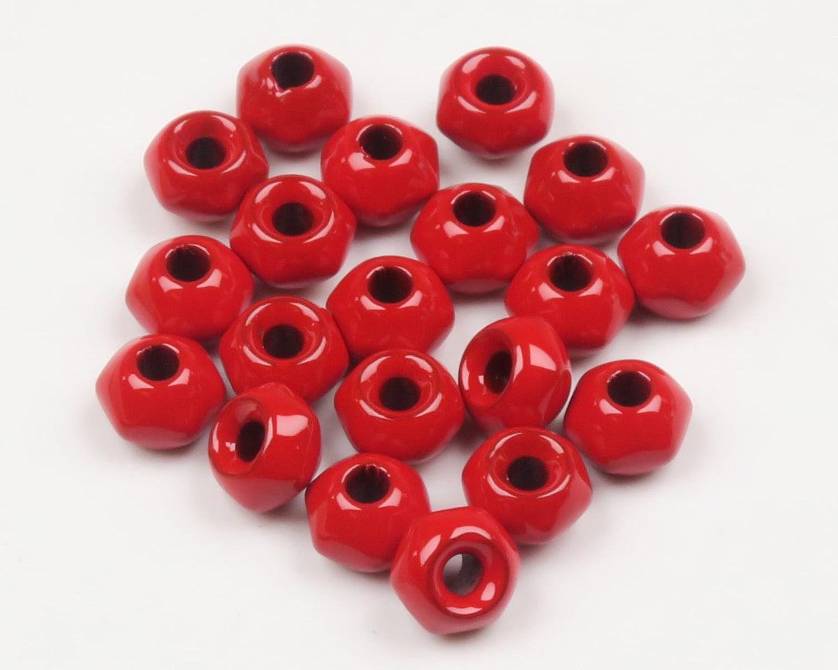 Glossy red tungsten fly nuts, faceted rounded beads with center holes for fly tying