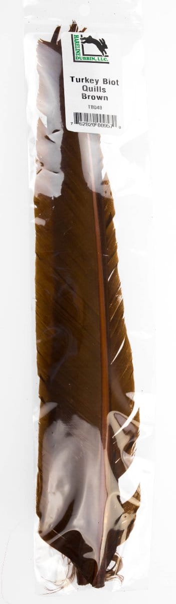 Long brown turkey biot quill feather in clear plastic packaging, glossy natural feather for fly tying