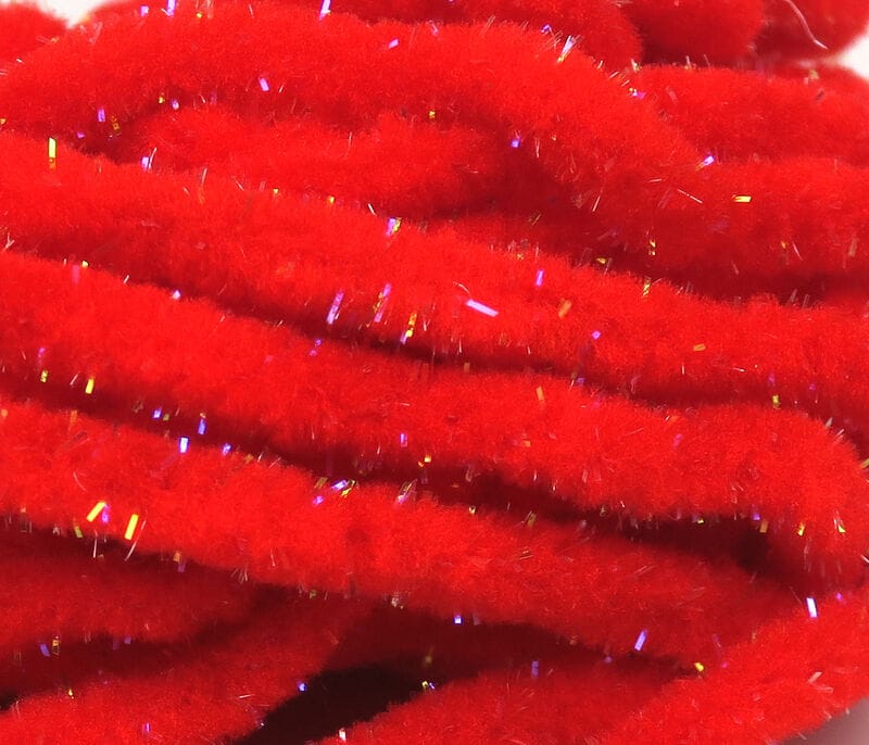 Bright red UV Galaxy mop chenille with fuzzy fibers and iridescent tinsel flashes for fly tying