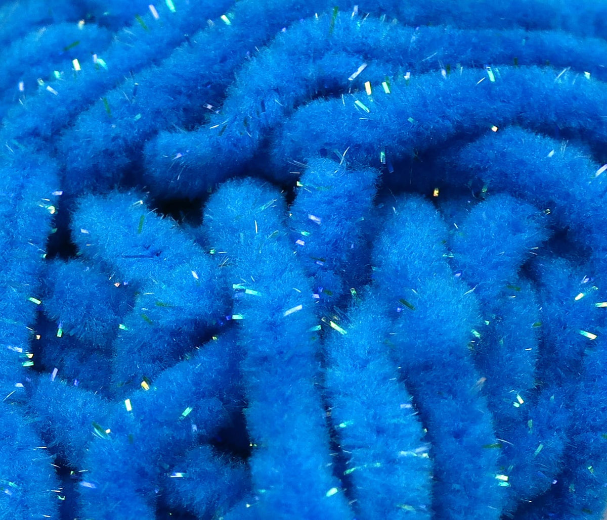 Bright blue UV galaxy mop chenille strands with iridescent tinsel flecks, fuzzy fly tying material