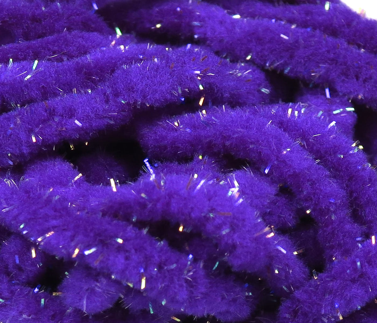 Hareline deep purple UV Galaxy mop chenille strands with fluffy texture and iridescent tinsel for fly tying