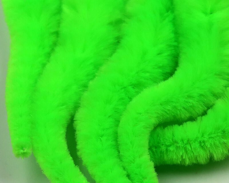 Fluorescent chartreuse synthetic fur tubes, Mangum's Micro Dragon Tails fly tying material with dense, fluffy fibers