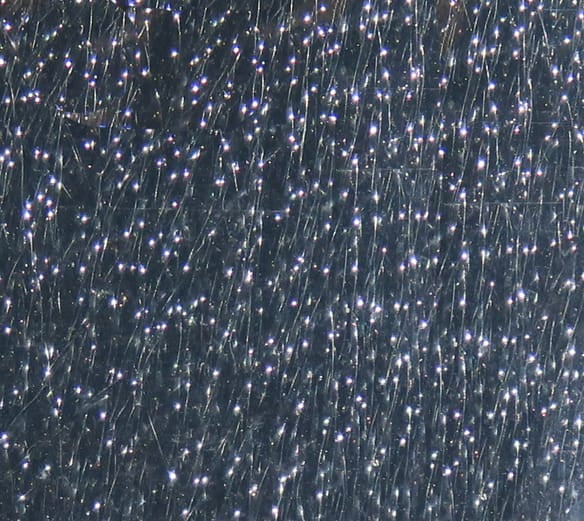 Hedron Flashabou Accent silver sparkly synthetic tinsel strands for fly tying, thin reflective fibers with glittery