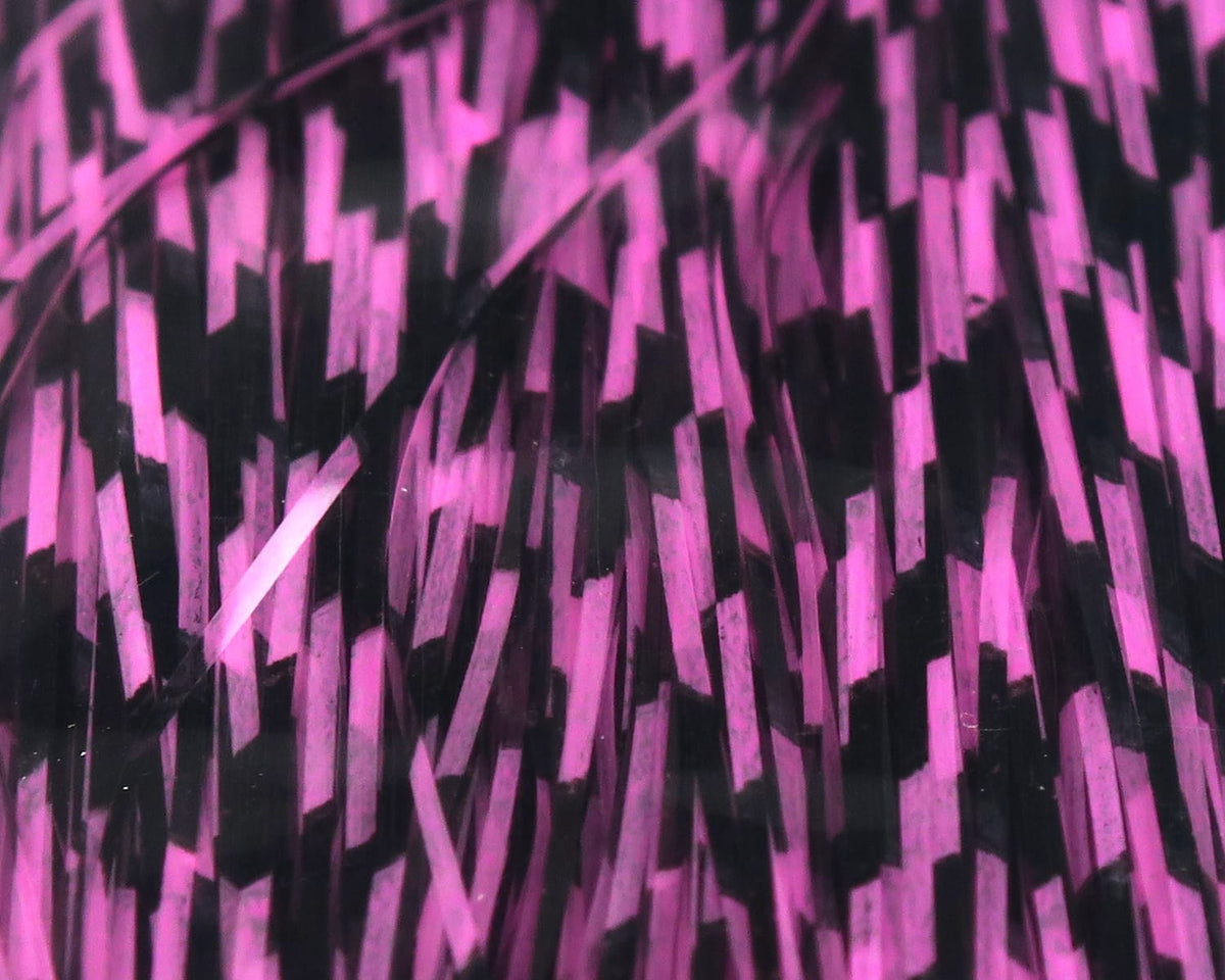 Magenta and black grizzly-barred Flashabou strands with reflective plastic fibers for fly tying