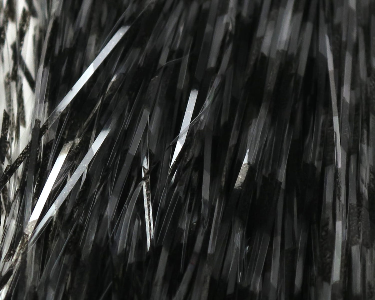 Black and silver grizzly-barred Flashabou strands, glossy metallic tinsel fibers for fly tying, magnum width