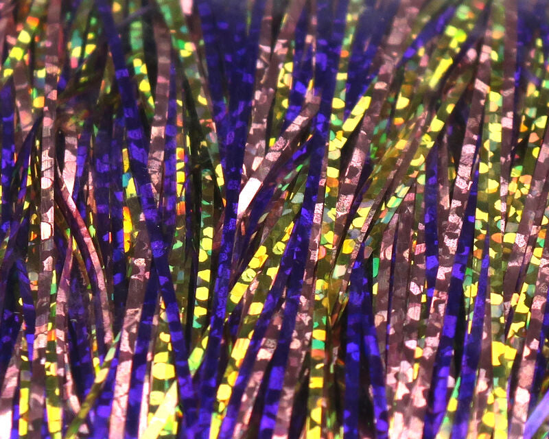 Hedron holographic magnum Flashabou strands in purple and gold with iridescent hex reflections, fly tying tinsel