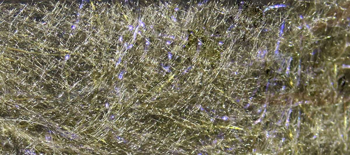 Olive-bronze synthetic dubbing with fine iridescent blue flash fibers for fly tying