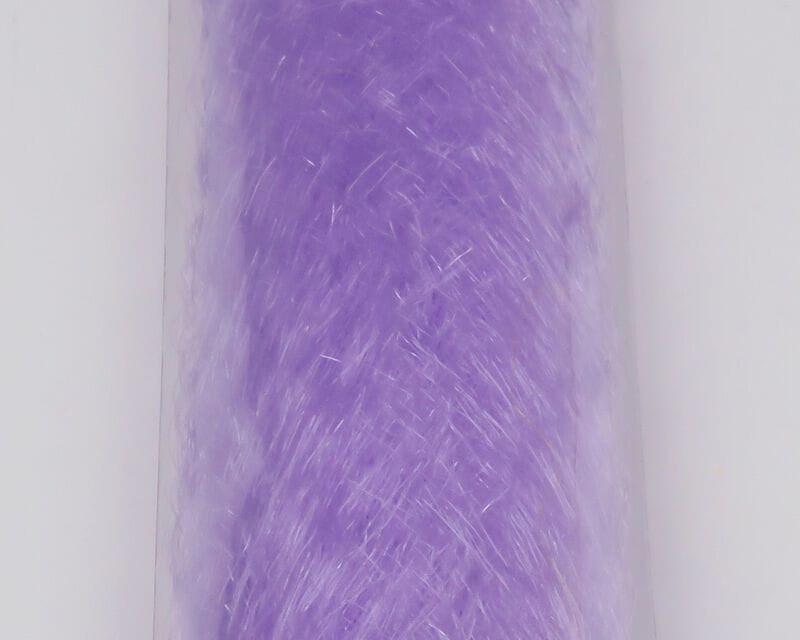 Lavender iridescent slinky fibre for fly tying, shimmering synthetic strands in a compact cylindrical bundle