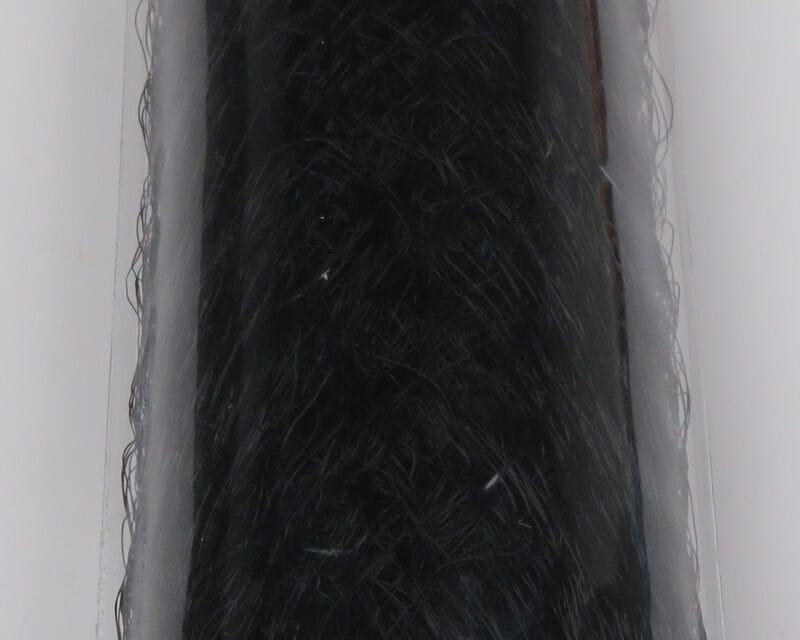 Black slinky synthetic fly tying fibre bundle with glossy sheen and fine crimped strands