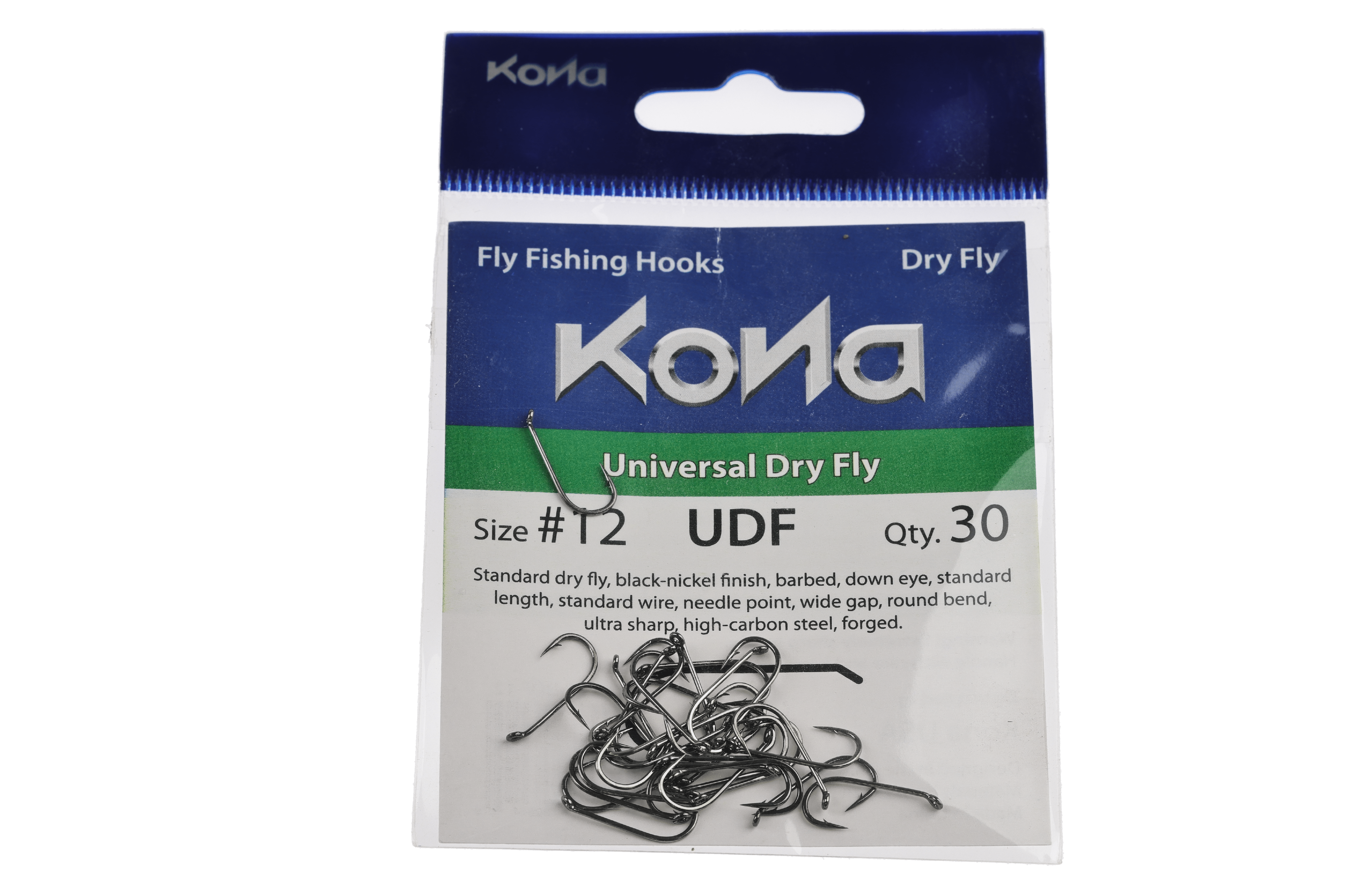 Kona UDF universal dry fly hooks on blue and green card, black-nickel high-carbon steel barbed hooks, shiny finish