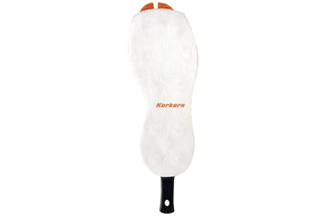 White Korkers v3.0 felt sole with orange logo, rounded foot shape and black attachment tab