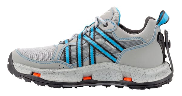 Korkers women All Axis gray mesh and synthetic wading shoe with teal straps, speckled midsole and black lug outsole
