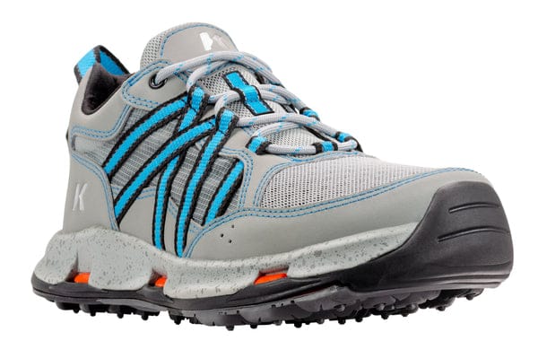 Korkers women's All Axis grey mesh wading shoe with teal webbing accents, speckled midsole, black toe cap and lug outsole