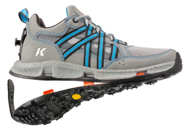 Korkers women's All Axis wading shoe gray mesh with blue webbing accents, speckled midsole, removable lugged black outsole