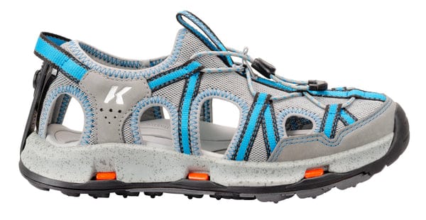 Korkers women's Swift closed-toe sport sandal in gray mesh with blue accents, bungee lace, cutouts and speckled cushioned