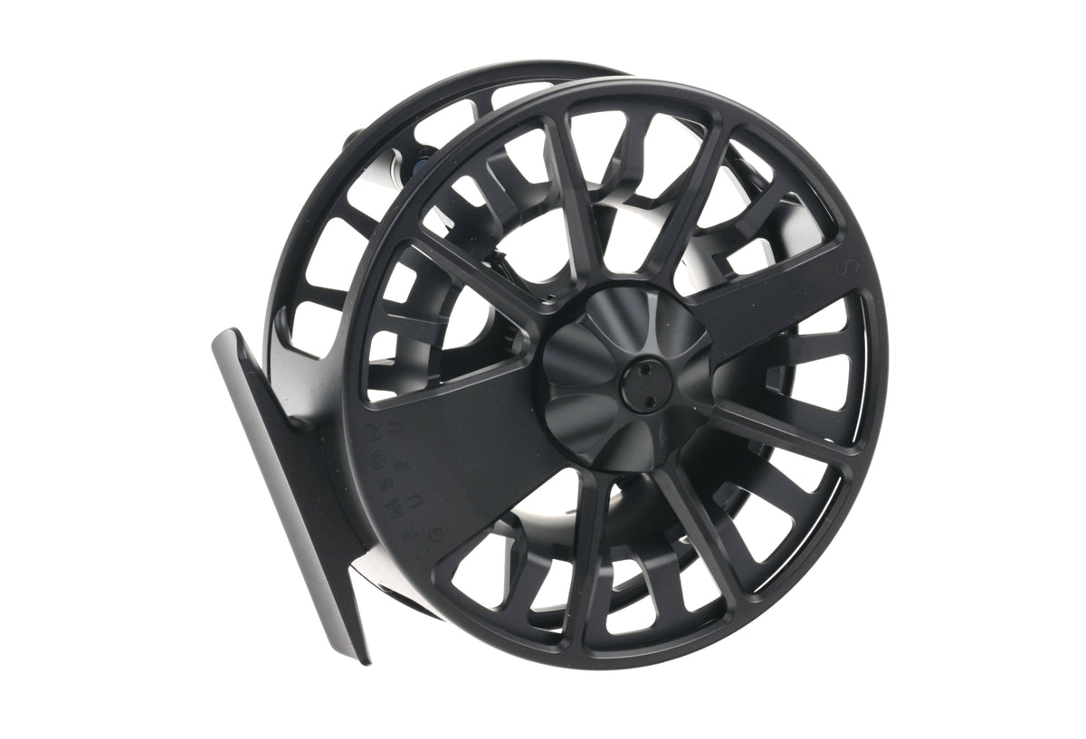 Matte black anodized Lamson Guru S large-arbor fly reel with open-spoked machined aluminum spool