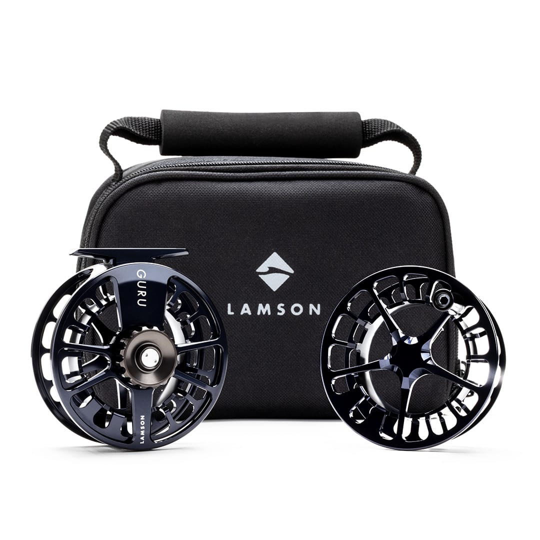 Lamson Guru X black fly reels pair with carrying case, professional fishing reel set