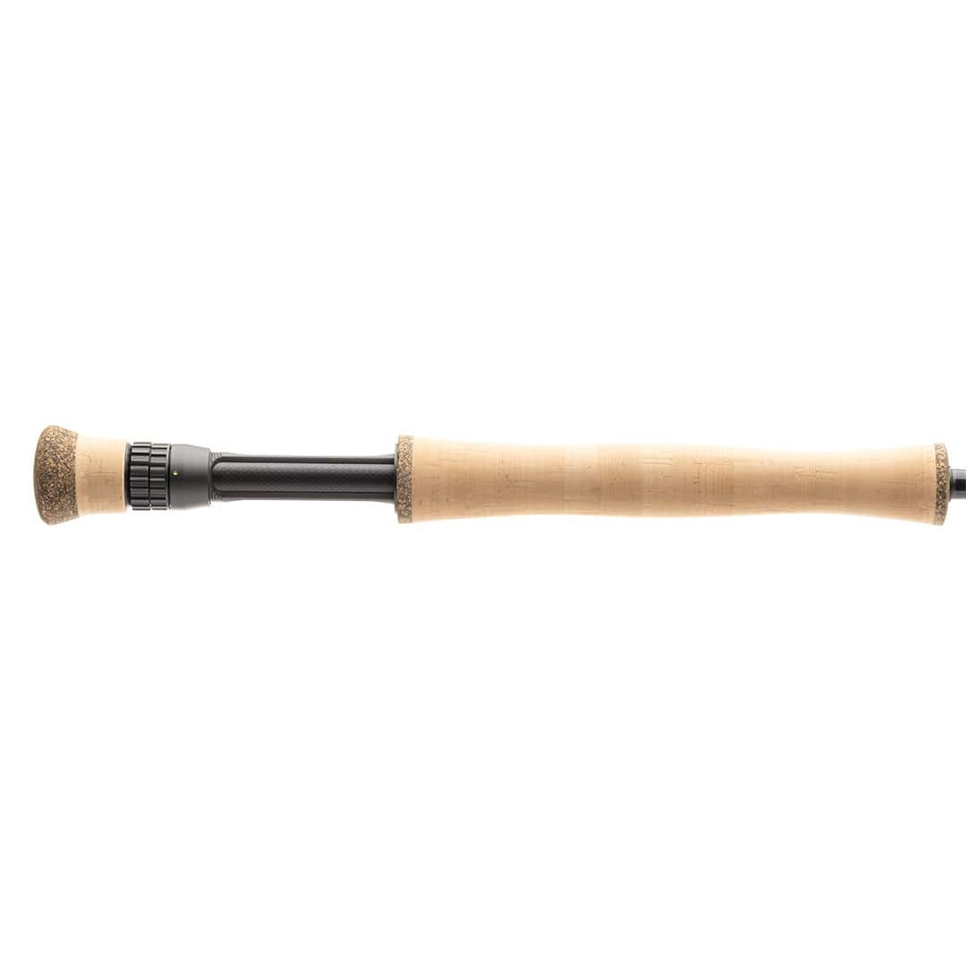 Lamson Speedster fly rod with natural cork grip and tapered cork butt, black carbon fiber reel seat and blank.