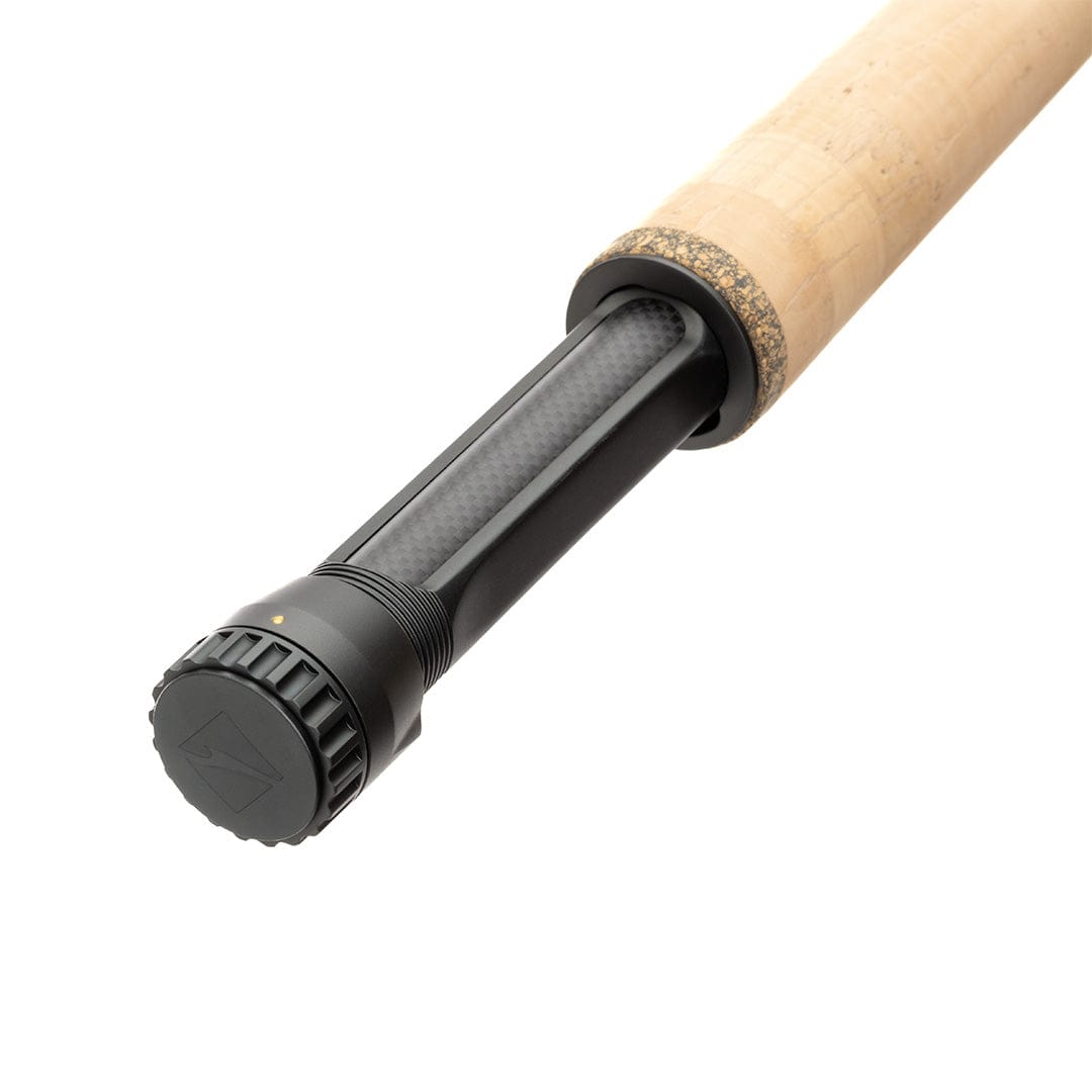 Lamson Speedster fly rod handle with natural cork grip, black carbon fiber reel seat and matte black locking cap