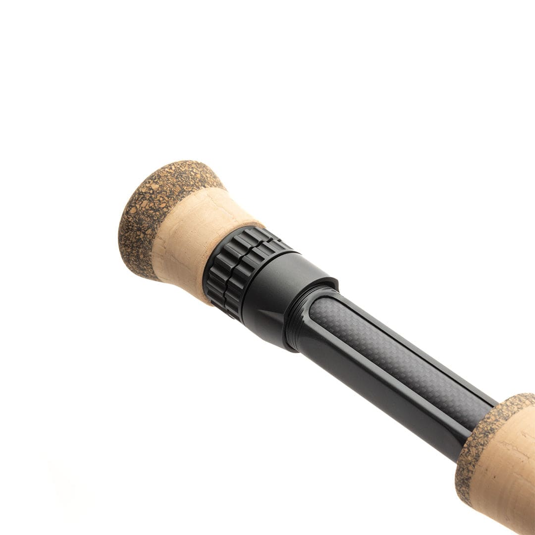 Lamson Speedster fly rod cork handle and butt with matte black carbon-fiber reel seat and knurled locking hood