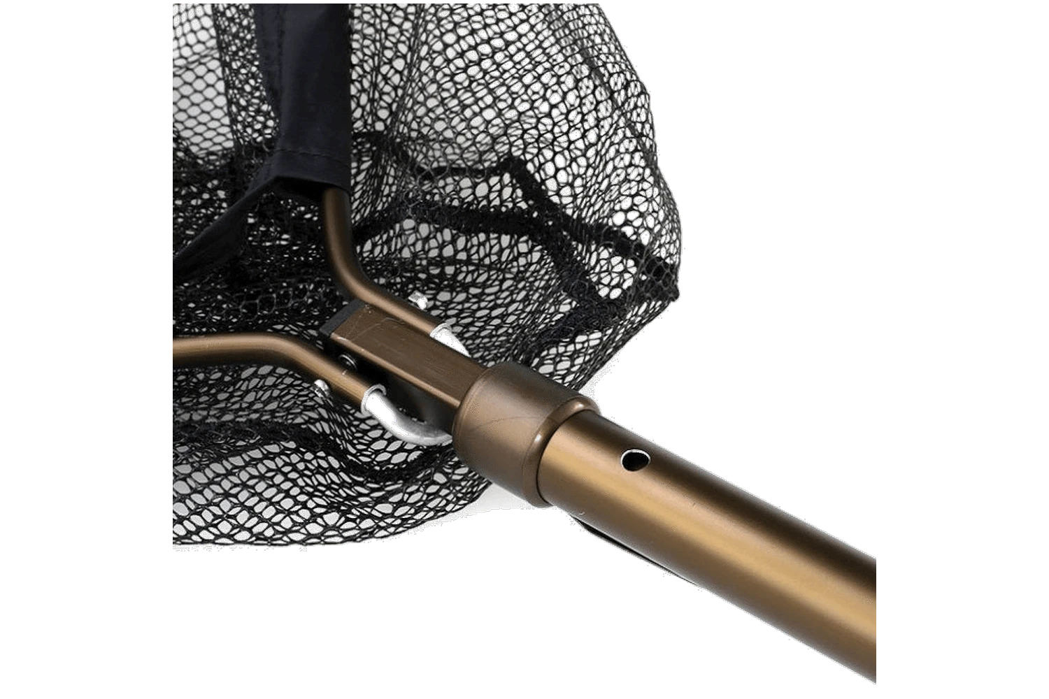 Black rubber mesh folding net with bronze anodized handle and auto-eject hinge for fishing