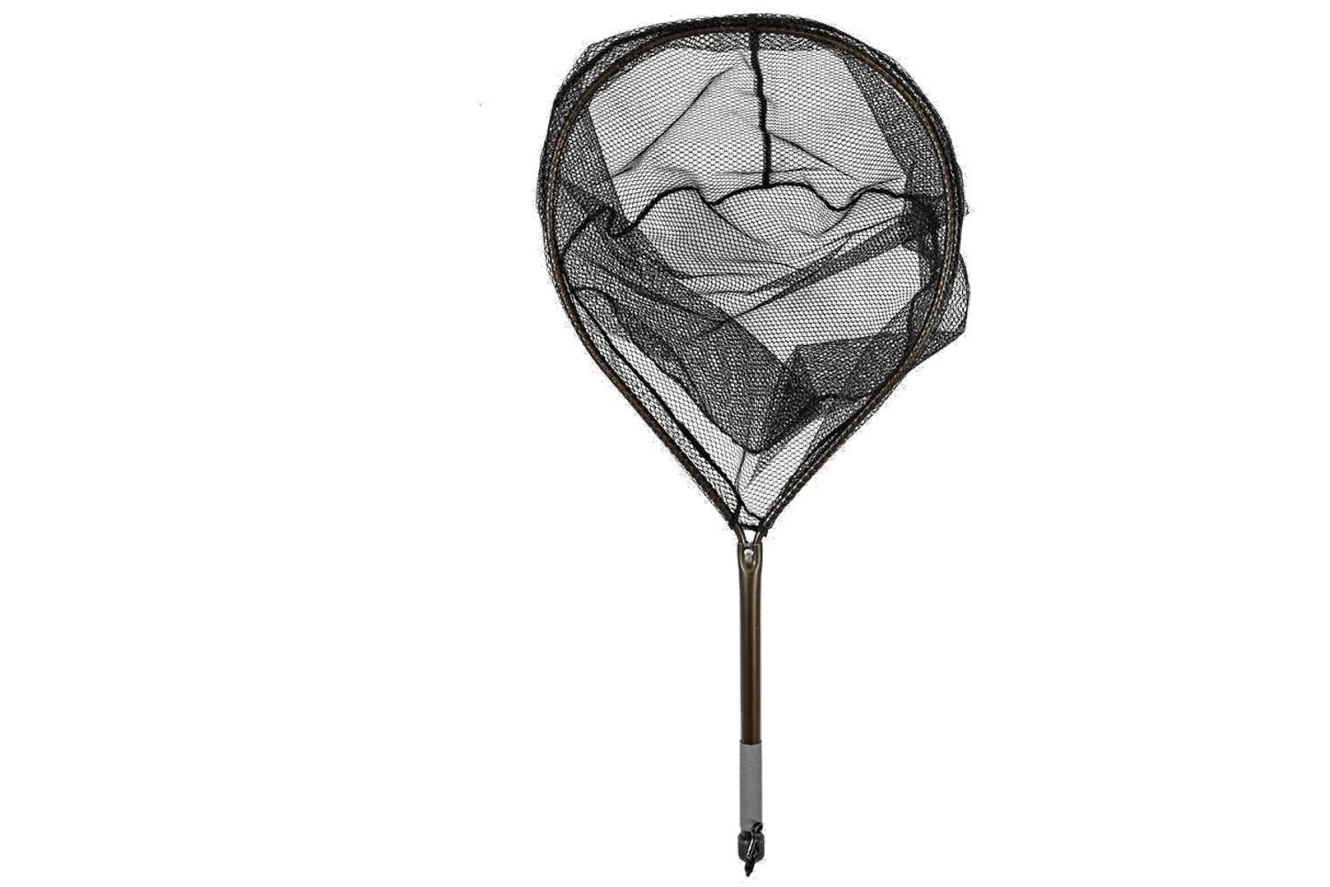 McLean Angling long-handle weigh net, black fine mesh teardrop head, bronze metal frame and foam grip handle