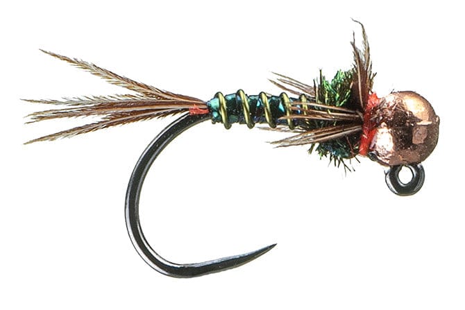 Copper bead head Lightning Bug jig fly with green peacock dubbing, gold ribbing and brown feather tail