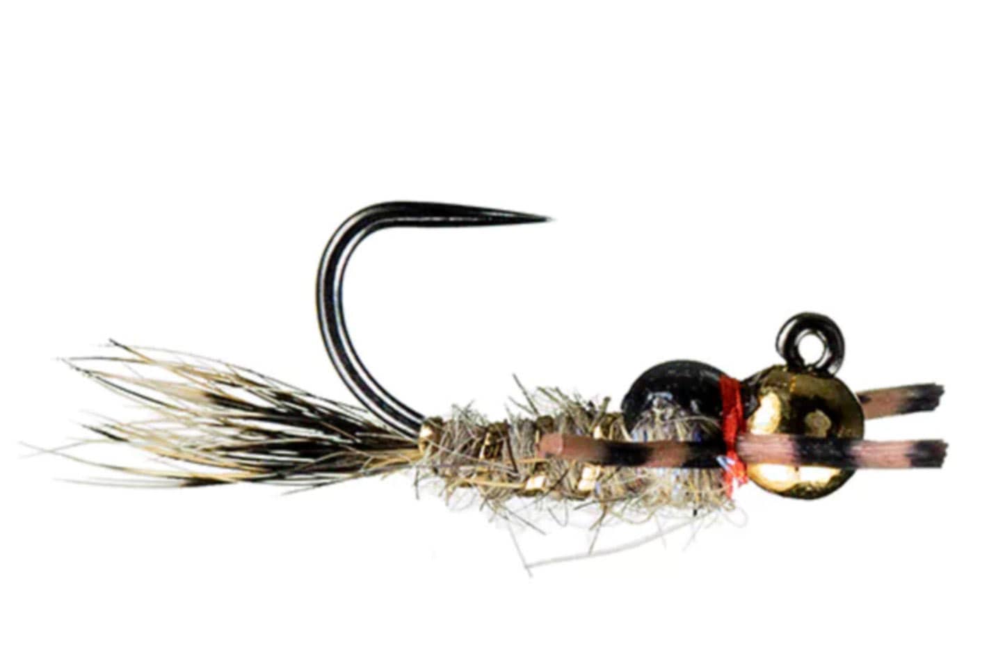 Jig Hare's Ear fly with gold bead head, olive hare's ear dubbing body, rubber legs and dark hair tail on black jig hook