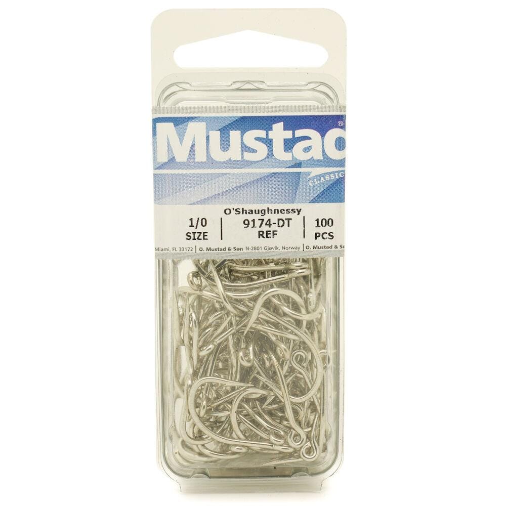 Mustad 9174-BR O'Shaughnessy live bait hooks — 100 silver stainless steel hooks in clear plastic pack with blue Mustad label
