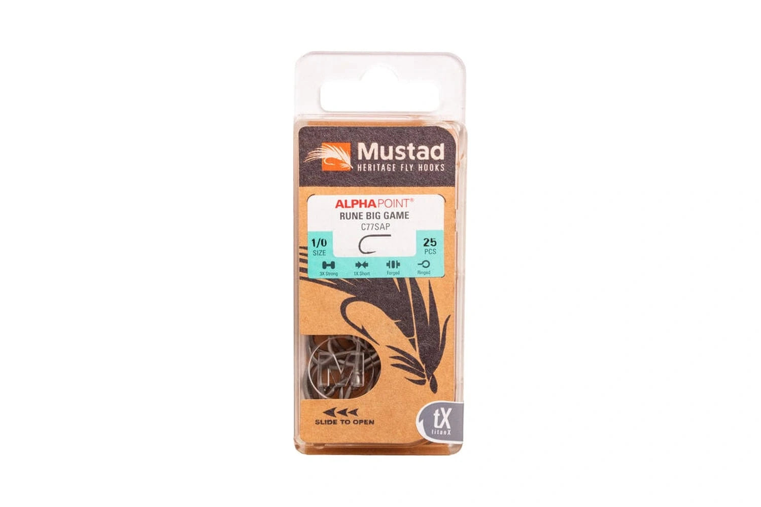 Mustad Alpha Point Rune 1/0 big game fly hooks in clear plastic case with brown kraft card and visible silver hooks