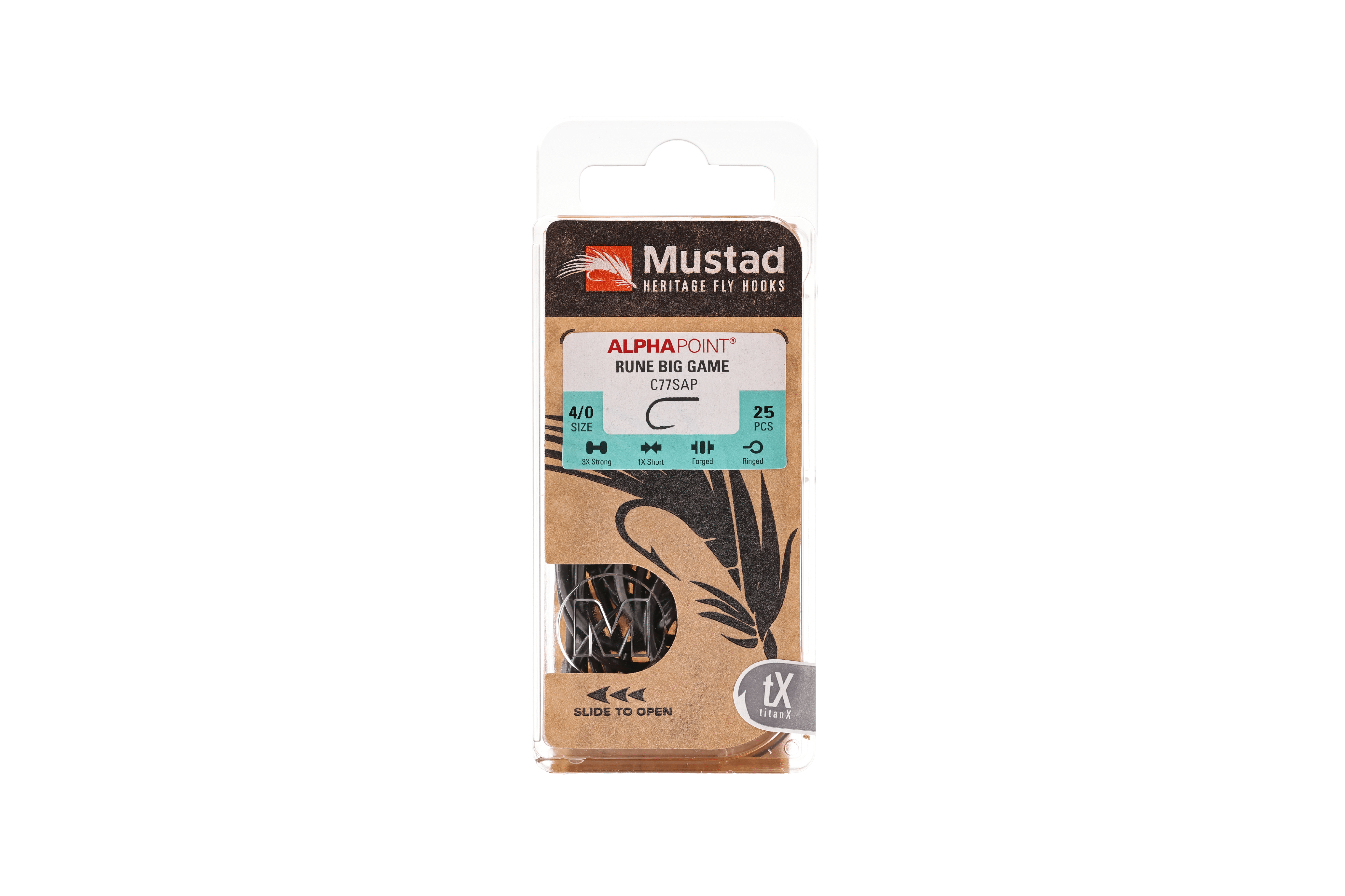 Mustad Alpha Point Rune big game fly hook pack - clear plastic/kraft packaging showing matte black forged hooks