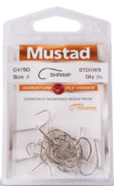 Mustad C47SD Size 2 nickel-colored metal shrimp hooks in clear plastic pack, curved shank needle point for fly tying
