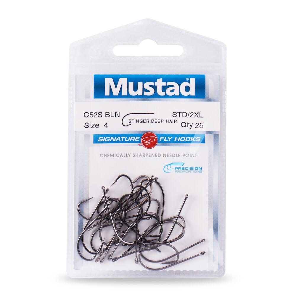 Mustad black-nickel stinger fly hooks in clear blister pack, dark metallic deer-hair style hooks piled, Size 4, 25 count