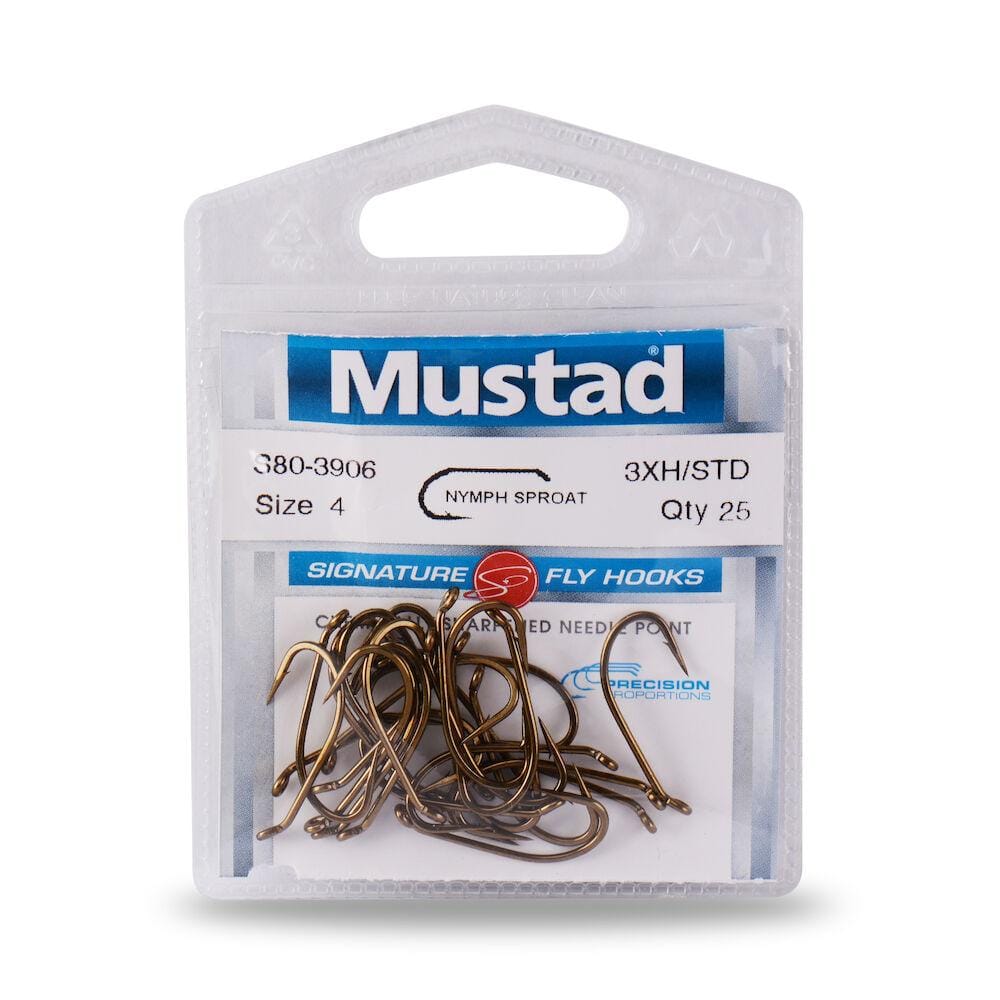 Mustad bronze S80NP-BR wet nymph fly hooks in clear plastic pack, size 4, barbed needle-point hooks