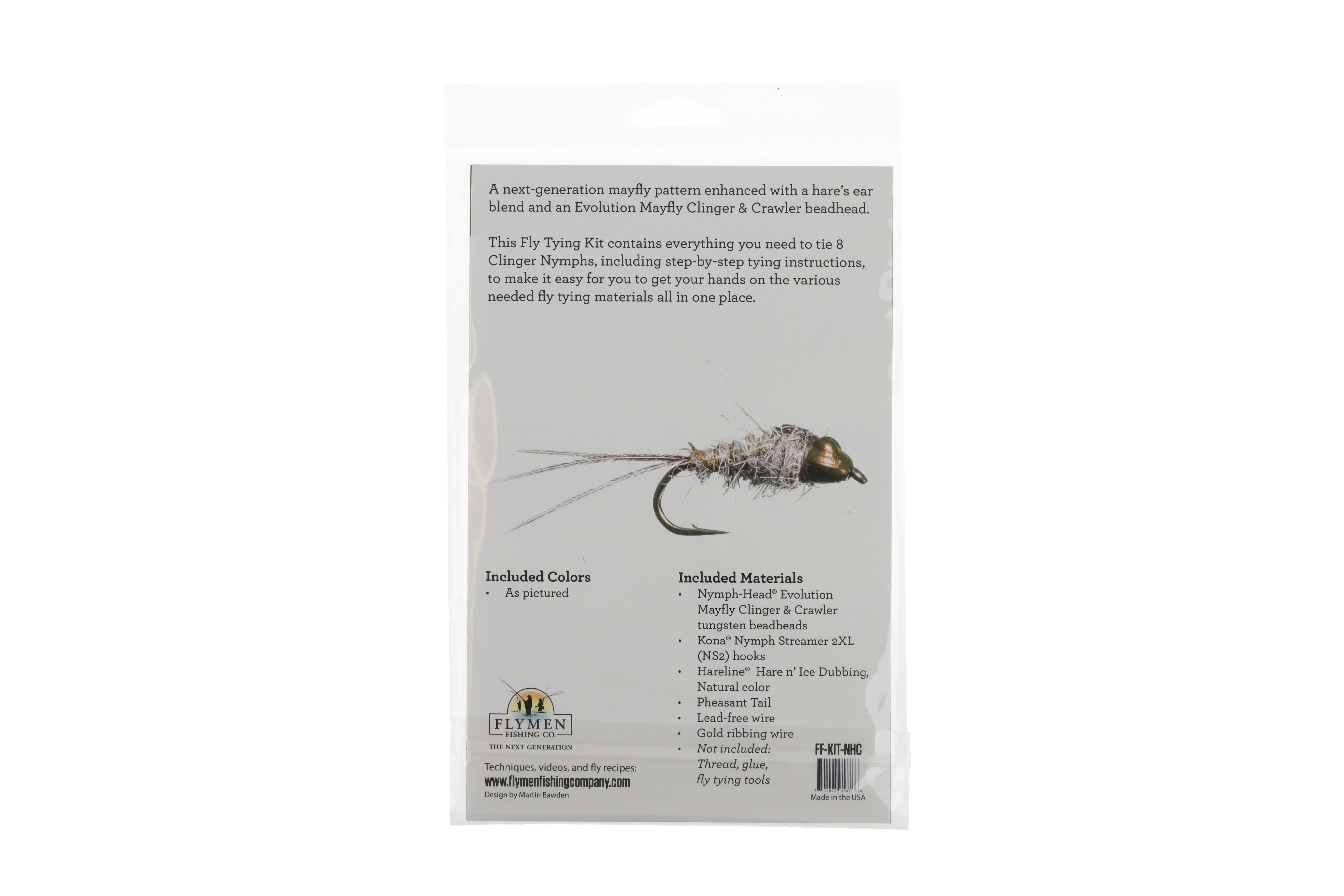 Nymph fly tying kit back panel showing gray hare's-ear nymph with gold beadhead, pheasant tail fibers and dark hook