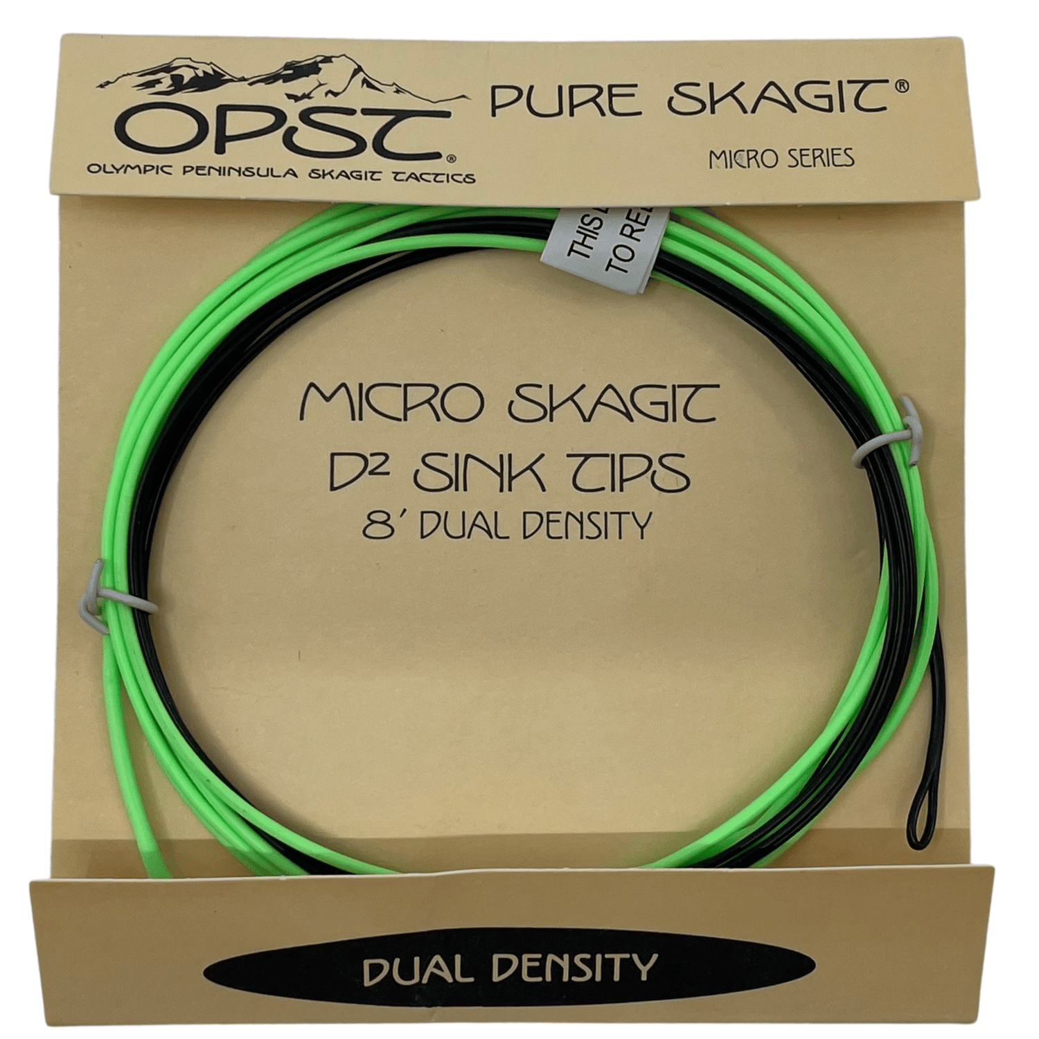 OPST Pure Skagit D2 sink tips coiled neon green and black dual-density fly line on tan cardboard card