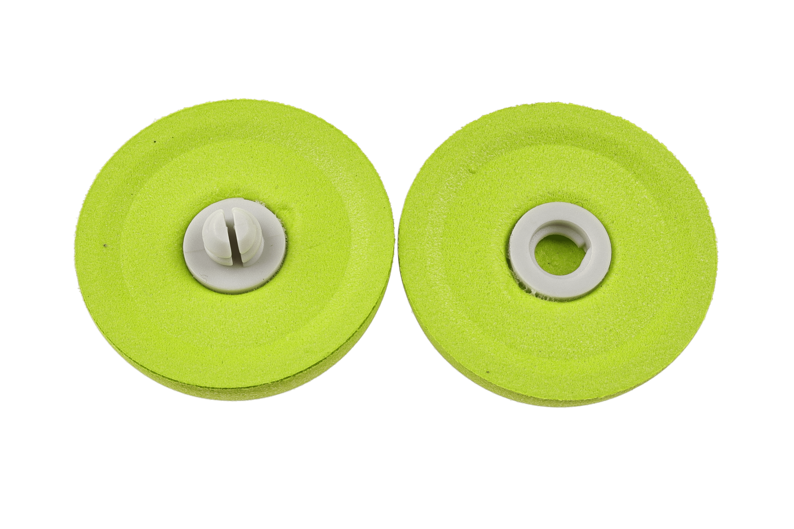 Neon green foam strike indicators with white plastic inserts, two round fishing accessories showing front and back
